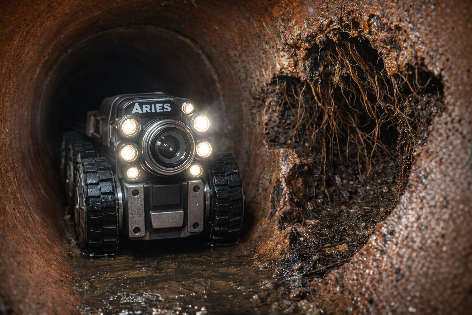 Aries robotic sewer camera detecting root intrusion
