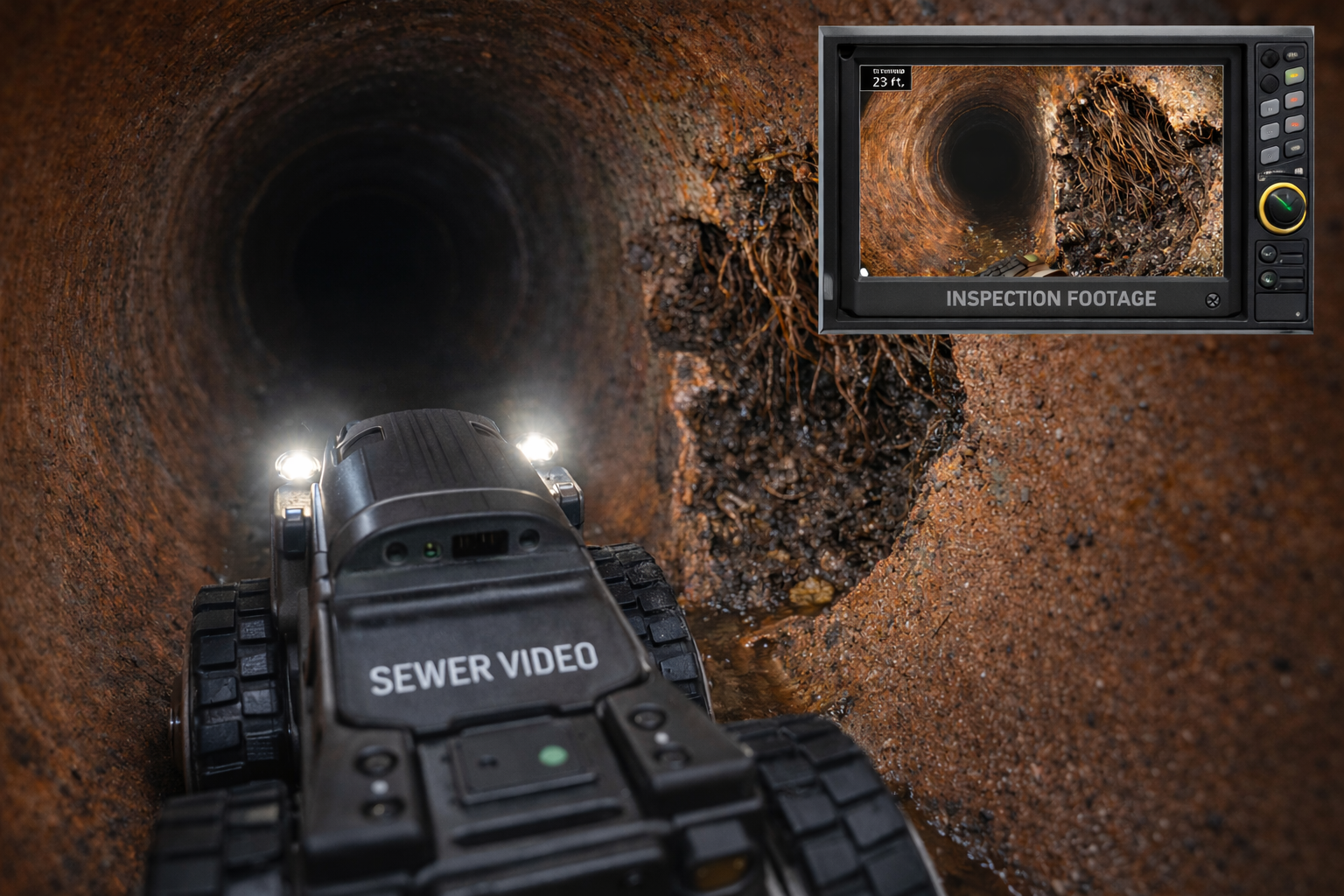Sewer video inspection robot with live footage monitor