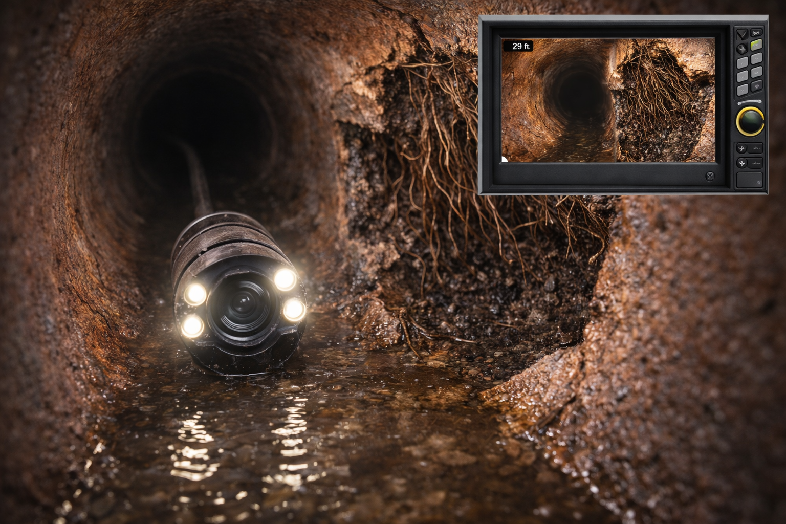 Sewer camera with depth measurement display