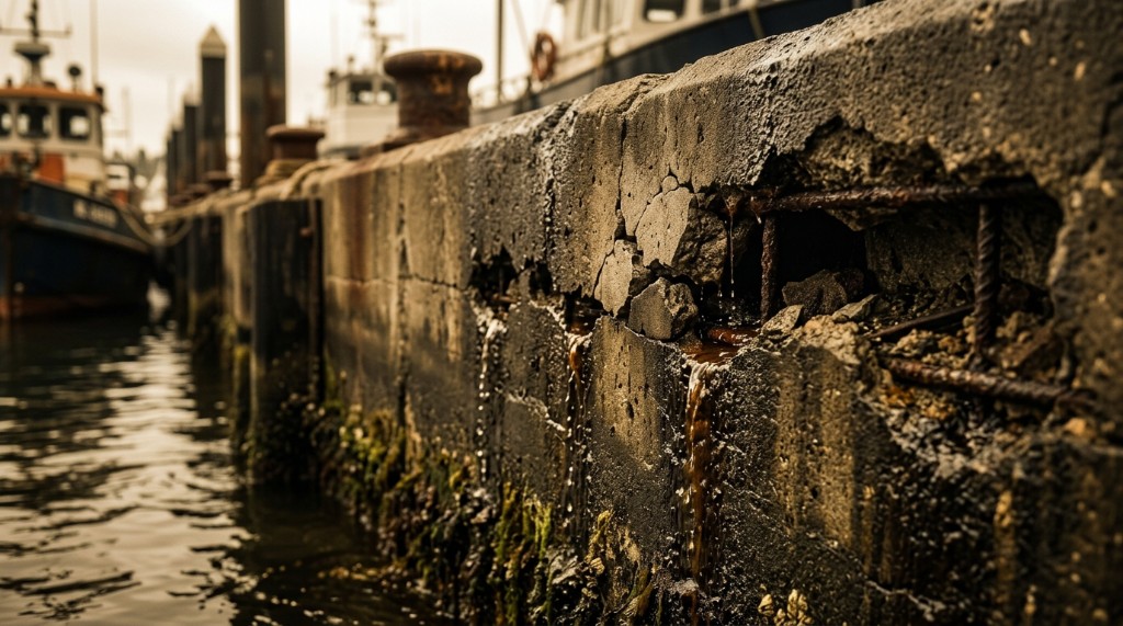 Concrete spalling with exposed rebar and rust staining on a commercial bulkhead